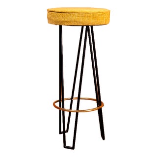 Mid-Century Modern High Bar Stools in Black Iron with Brass and Mustard, 1950s, Set of 2 For Sale