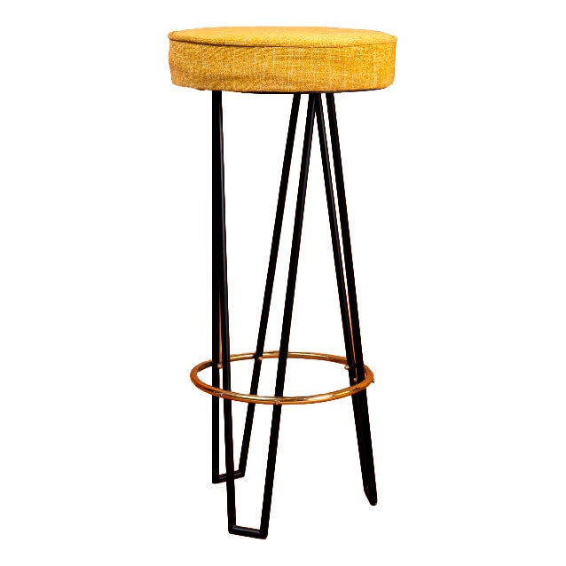 Mid-Century Modern High Bar Stools in Black Iron with Brass and Mustard, 1950s, Set of 2 For Sale
