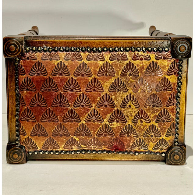 Antique English Hardwood Footstool, Aesthetic Movement Embossed Leather Circa 1880 For Sale In New York - Image 6 of 13