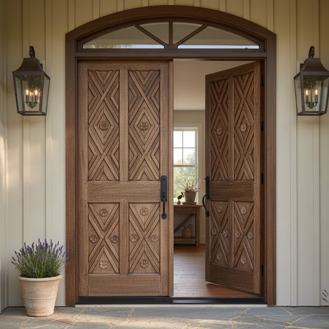 A striking pair of antique rustic wooden doors featuring an intricate geometric chevron pattern, meticulously hand-carved...