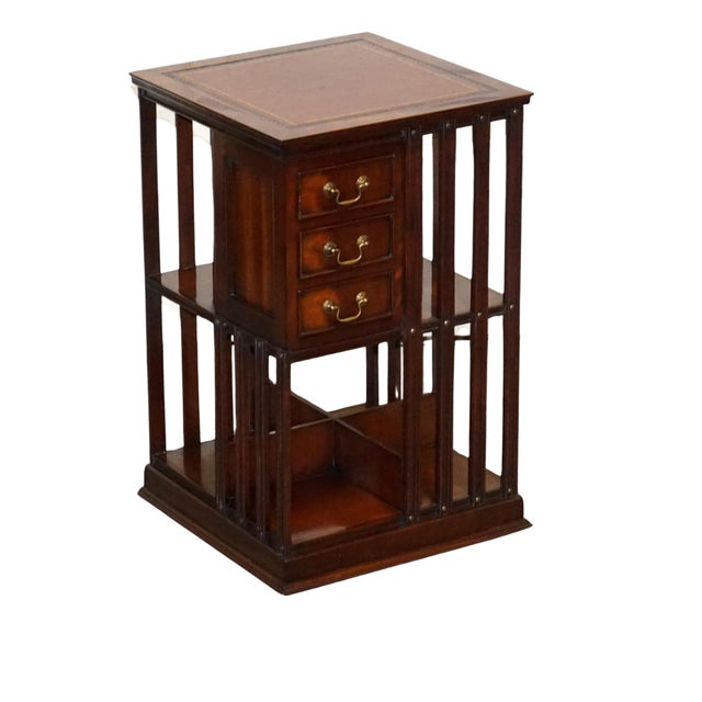 Revival Inlaid Revolving Bookcase End Table with Brown Aged Leather Top For Sale