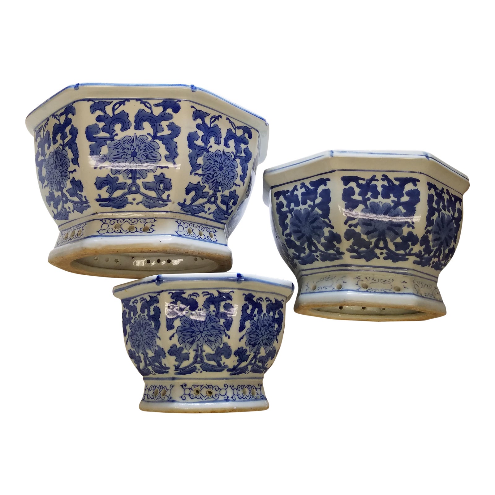 Chinese Octagonal Blue & White Flower Pots Cachepots Set of 3 Chairish