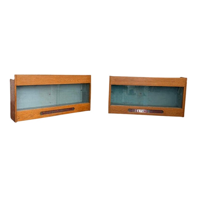 1940s Pair of Industrial Oak "Greeting Cards" Display Case Cabinets For Sale