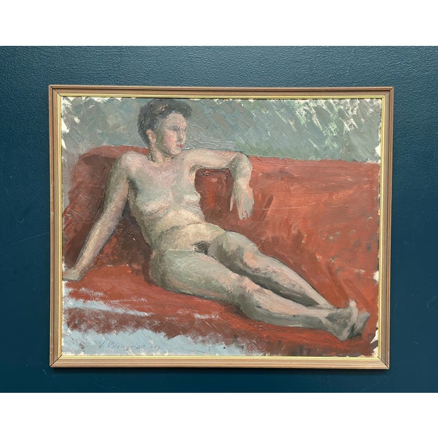 Vilhelm Blomquist, Reclining Lady on Red Couch, 1960s, Oil on Panel, Framed For Sale - Image 11 of 18