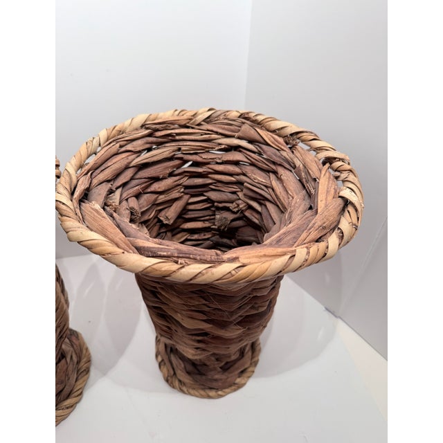 Brown Vintage Pair Woven Wicker Urn Style Pedestal Vases For Sale - Image 8 of 12