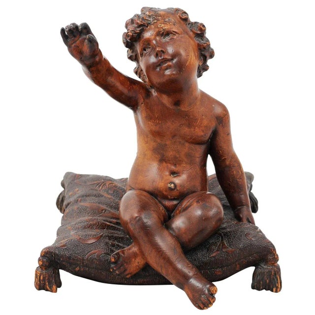 French 1780s Baroque Style Walnut Sculpture of Putto Sitting on a Pillow For Sale - Image 13 of 13