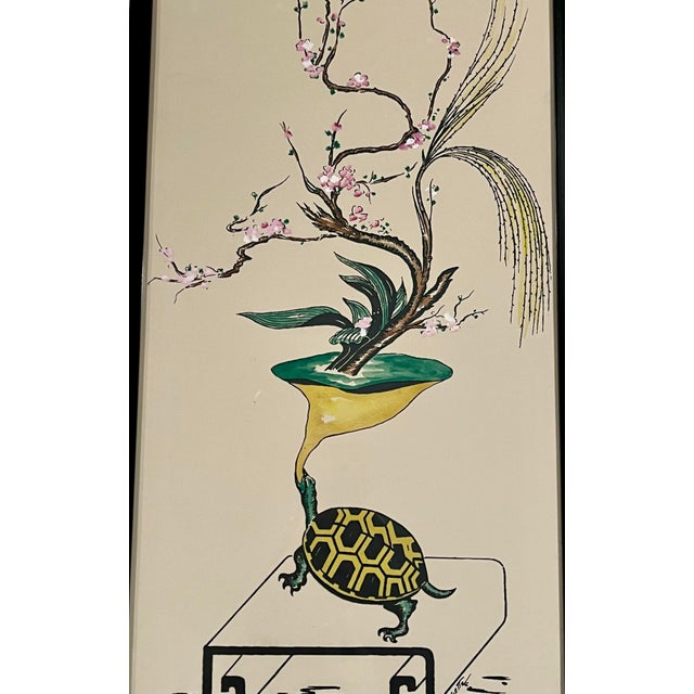 Mid 20th Century Mid-Century Surrealist Flowers and Turtles Original Watercolor Gouache Framed Paintings Tall 29"h - For Sale - Image 5 of 12
