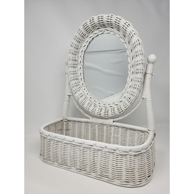 Vintage White Wicker Tabletop Vanity Mirror With Catchall Boho Chic