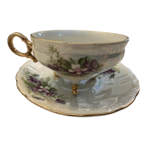 Vintage Iridescent Porcelain Teacup and Saucer With Violets and Gold Trim.