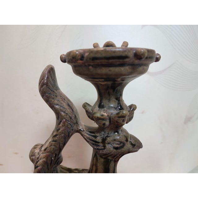 Early 20th Century Chinese Ceramic Oil Lamp Hand Carved Yue Ware Celadon Phoenix Statue Oil Lamp For Sale - Image 5 of 11