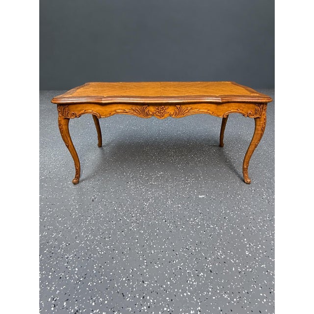 French Vintage Louis XV Style Carved Walnut Marquetry & Parquetry Coffee Table For Sale - Image 3 of 12