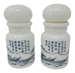 Vintage Chinoiserie Milk Glass Lidded Jars W Cherry Blossom Trees and Fisherman Made in Belgium