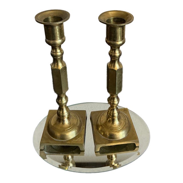Pair of Vintage Japanese Solid Brass Candlesticks For Sale
