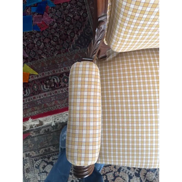 Wood Antique French Louis XV–Style Bergère Chair, Yellow Gingham Upholstery For Sale - Image 7 of 8