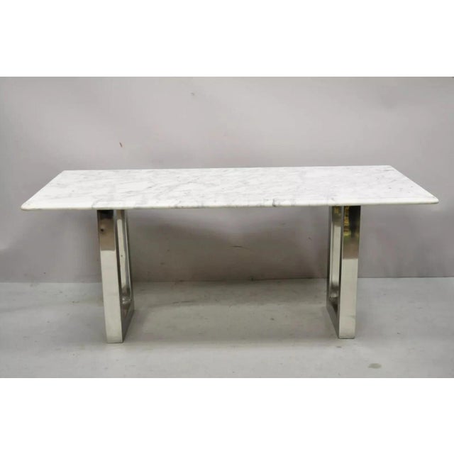 Contemporary Modern Italian Marble Chrome Double Pedestal Base Rectangular Coffee Table. Item features an Italian marble...