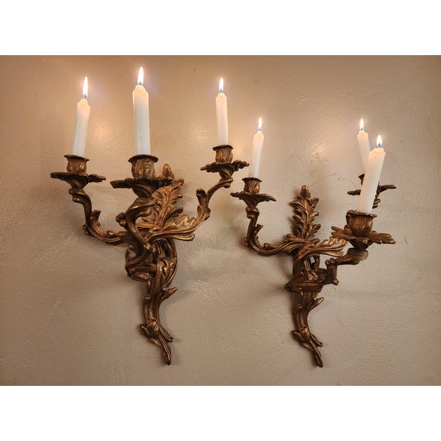 Antique Art Nouveau Pair Heavy Cast Gilt Brass 3 Light Wall Sconces With Aged Patina For Sale - Image 6 of 16
