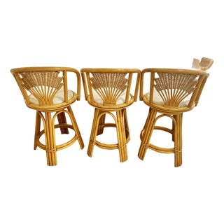 Vintage Coastal Style Wicker Rattan Swivel Stools. Set of Three, Circa 1980s For Sale