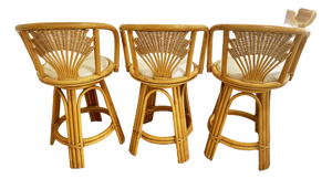 Vintage Coastal Style Wicker Rattan Swivel Stools. Set of Three, Circa 1980s