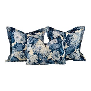 Designer P Kaufmann Waverly Blue Cream & Gray Hydrangea & Peonies Floral Pillow Covers- 3 Pc Set For Sale