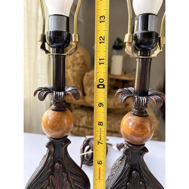 Rustic European Vintage Pair of Ornate Table Lamps With Polished Natural Stone Spheres, Dark Bronze & Brass Finish, Traditional European Style For Sale - Image 3 of 10