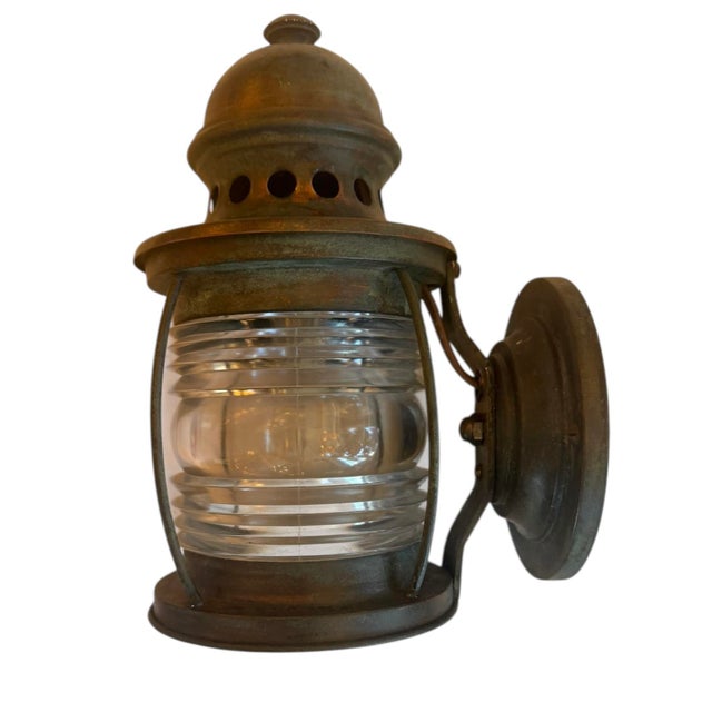 1920s Pair of Copper Lanterns With Original Verdigris Patina and Stamped Glass Jars For Sale - Image 4 of 6
