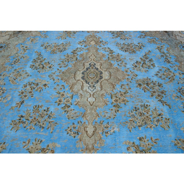 Light Blue Floral Antique Persian Overdyed Wool Rug With Medallion Motif For Sale - Image 9 of 10