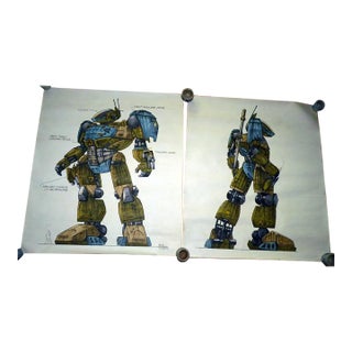 Two Original Sci-Fi Movie Concept Paintings 1993 Jamie Rama "Manned Armed Droid Fighter" For Sale