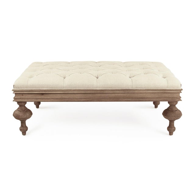 French Country Lara Tufted Ottoman in Linen with Weathered Oak Turned Baluster Legs For Sale - Image 3 of 4