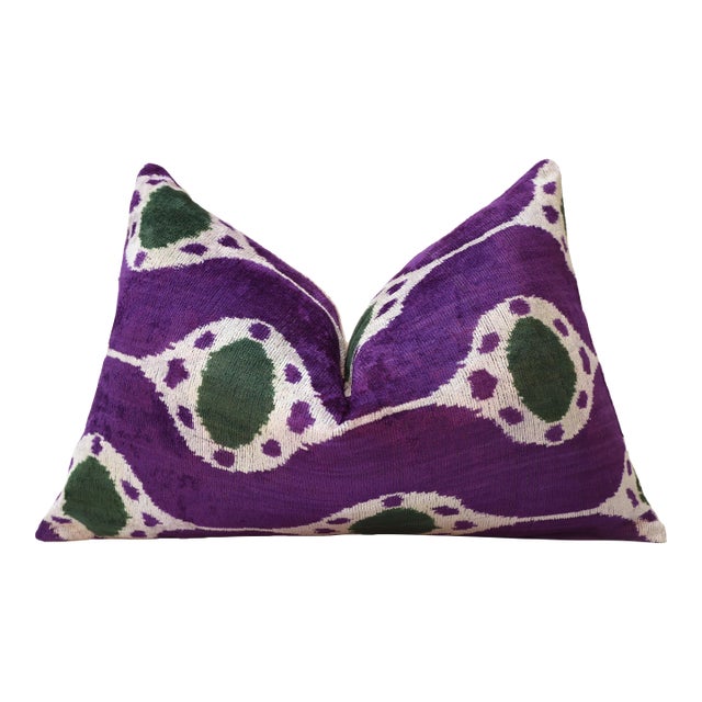 Hand-Knotted Silk Velvet Ikat Lumbar Pillow - 16x24 Royal Purple & Forest Green For Sale