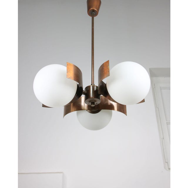 Metal Vintage Italian Copper and Opaline Glass Chandelier For Sale - Image 7 of 18
