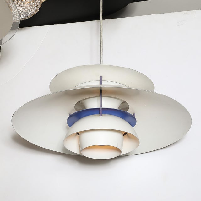 1980s Mid-Century Ph5 Pendant White & Blue Enamel Chandelier by Poul Henningsen For Sale - Image 5 of 12