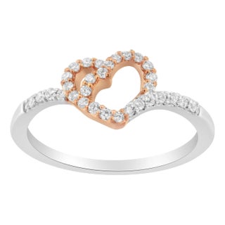 10K Rose Gold over .925 Sterling Silver 1/5 Cttw Diamond Two Tone Open Heart Promise or Fashion Ring (I-J Color, I2-I3 Clarity) - Size 6-1/2 For Sale