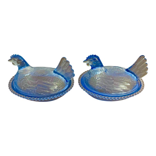 1970s A Pair of Indiana Glass Cornflower Blue Hen on a Nest Covered Dishes For Sale