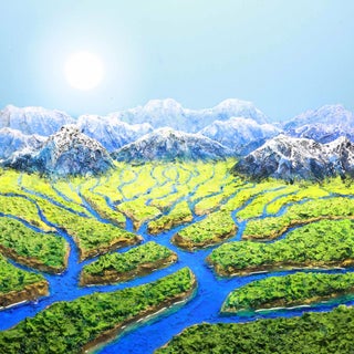 River Delta and Mountains by Stephen Dorsett | Acrylic Artwork of a river delta and mountains For Sale