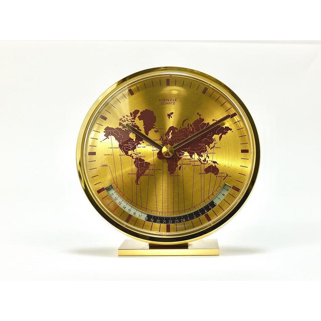 Mid-Century GMT World Time Zone Brass Table Clock, Germany attributed to Wilhelm Kienzle, 1960s For Sale - Image 6 of 17