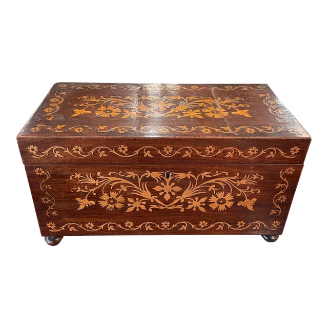 Vintage Inlaid Wooden Tea Caddy With Crystal Bowl For Sale