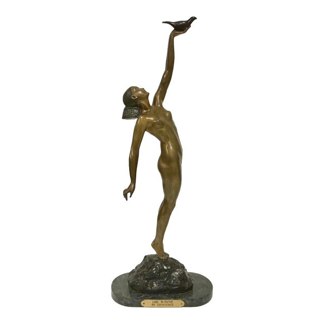 Vintage French Art Deco Pierre Le Faguays Bronze Nude Sculpture, Girl With Dove For Sale