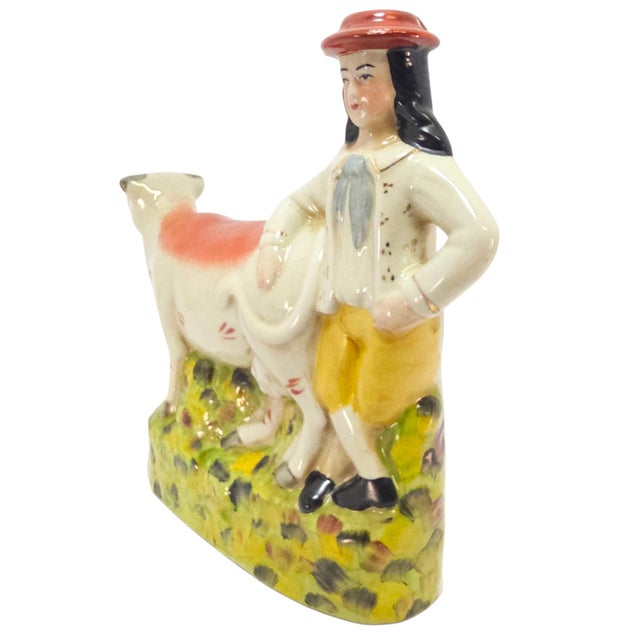 English Early 20th Century Staffordshire-Style English Cow and Boy Pottery Flatback For Sale - Image 3 of 10
