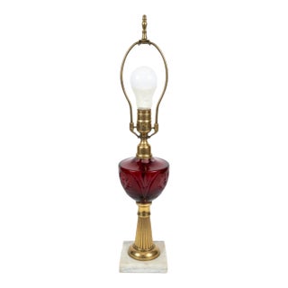 Vintage Ruby Cut-to-Clear Glass Table Lamp on Brass & Marble Base For Sale