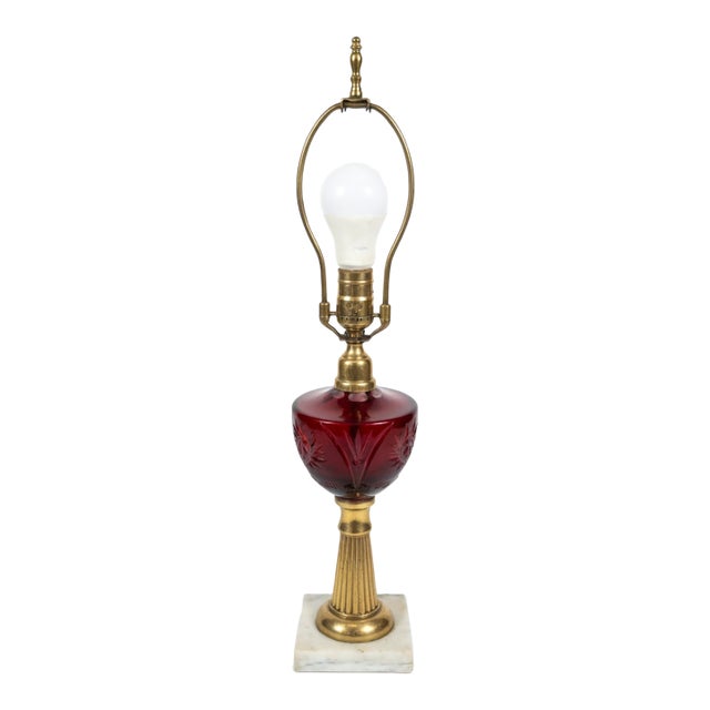 Vintage Ruby Cut-to-Clear Glass Table Lamp on Brass & Marble Base For Sale