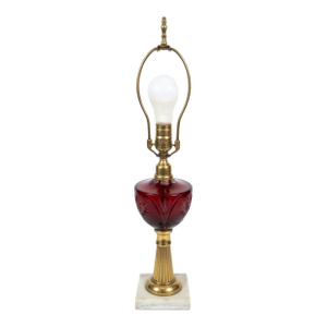 Vintage Ruby Cut-to-Clear Glass Table Lamp on Brass & Marble Base