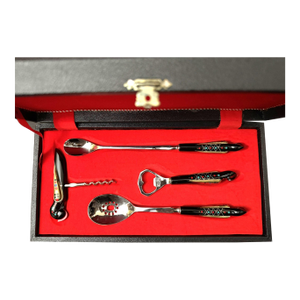 Late 20th Century S&s Haddad Family Authentic Jezzine Bar Serving Set With Coral & Turquoise Inlay- 5 Pieces