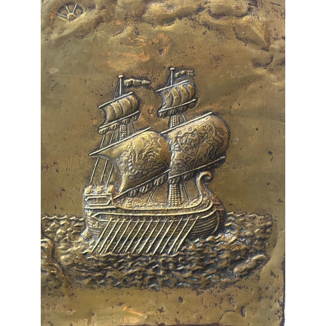 English Vintage English Wood and Brass Repousse Fire Screen With Maritime Motif For Sale - Image 3 of 7
