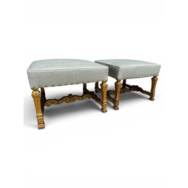 Baroque Pair of 19th Century Italian Carved Giltwood Ottomans Newly Upholstered in Linen For Sale - Image 3 of 4