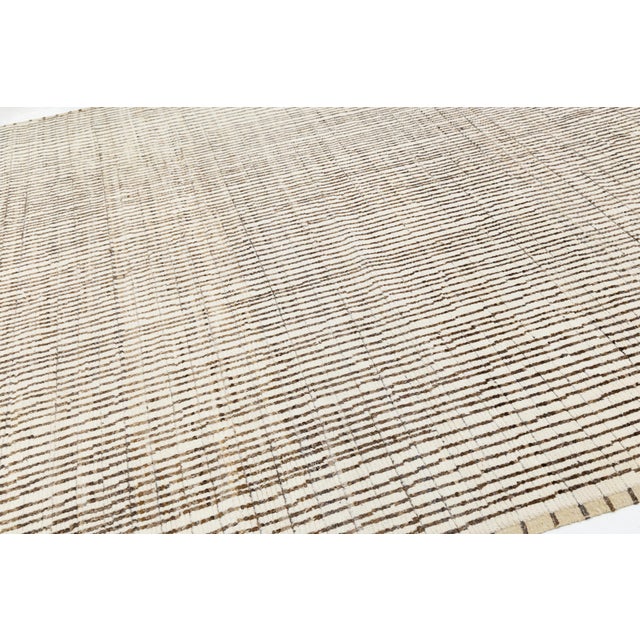 Moroccan Ivory Modern Moroccan Style Wool Rug With Handmade Linear Pattern For Sale - Image 3 of 11