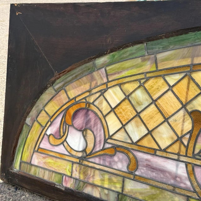 Yellow Antique Art Nouveau Colored Stained Glass Fruit 27 X 75 Arched Transom Window, A For Sale - Image 8 of 18