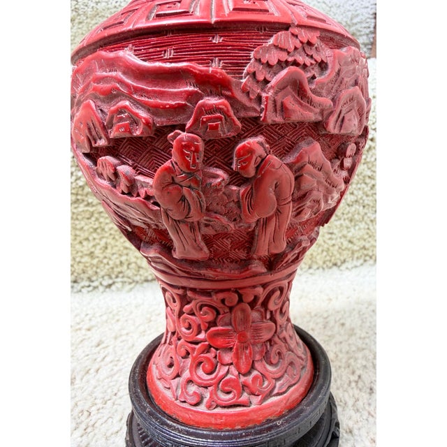 Antique Chinese Republic Era Carved Red Cinnabar 7.5” Landscape & Figures Vase For Sale - Image 4 of 7