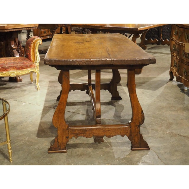 Wood 17th Century Italian Single Walnut Plank Top Table With Lyre Legs For Sale - Image 7 of 18