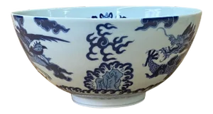 Chinese Blue & White Porcelain Hand Painted Dragon Phoenix Bowl