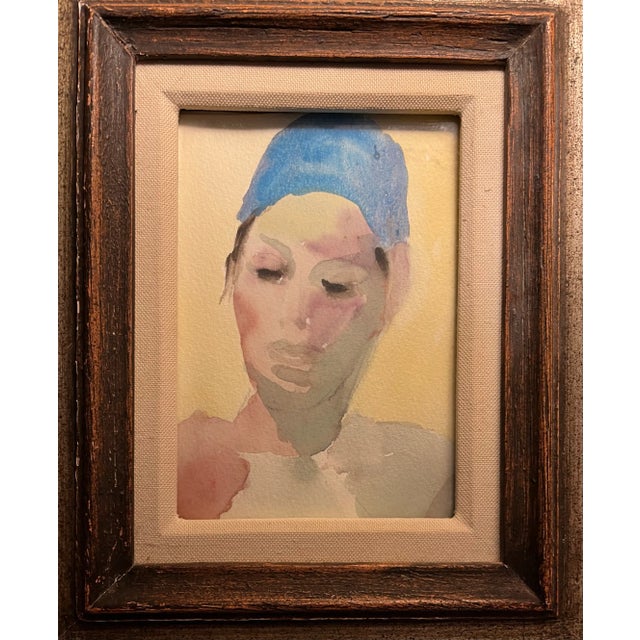 Mid-Century Modern French watercolor portrait of an actor. Presented in fine period silver gilt wood frame with linen...